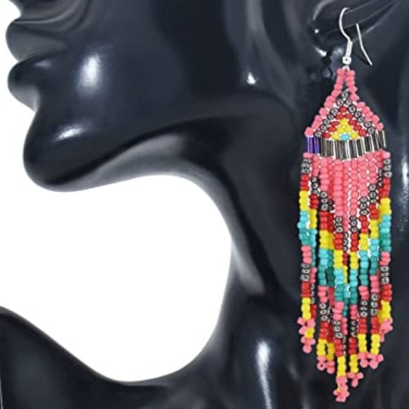 Long 4.5" Pink Turquoise Red Oversized Earrings New Southwestern Tassel - Picture 2 of 5